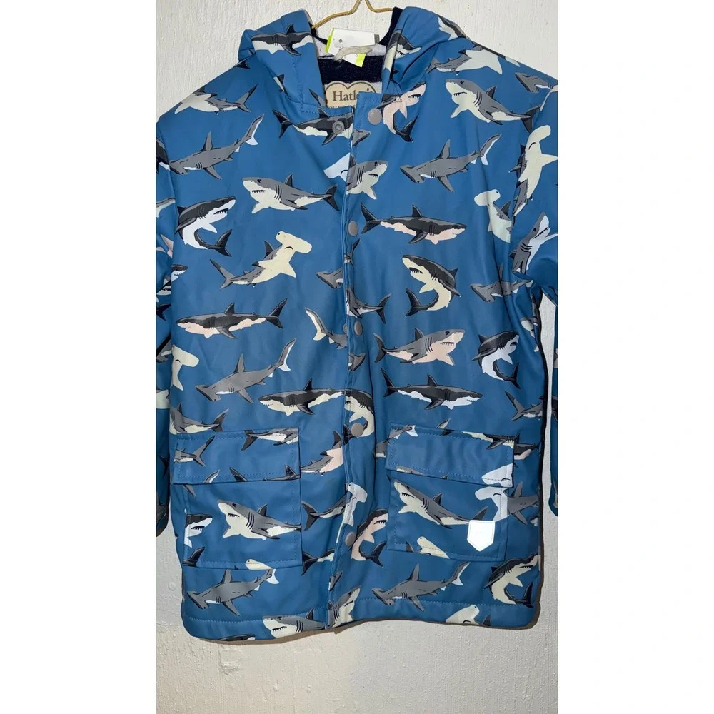 Hatley Boys Blue Shark Print Hooded Rain Jacket Stripe Terry Lined Size 7